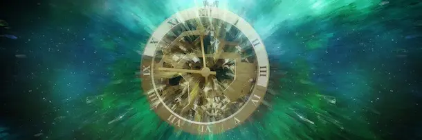 Bannière représentant une vieille horloge avec des chiffres romains sur un fond de type univers avec des étoiles.