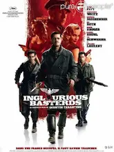 Affiche du film <em>Inglorious Basterds</em> représentant trois soldats déterminés à exterminer les nazis, deux jolies femmes et un SS dans une bande rouge semblable à du sang.