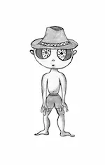 Dessin de Tiny, amphibien aux gros yeux sur deux pattes avec short et chapeau.