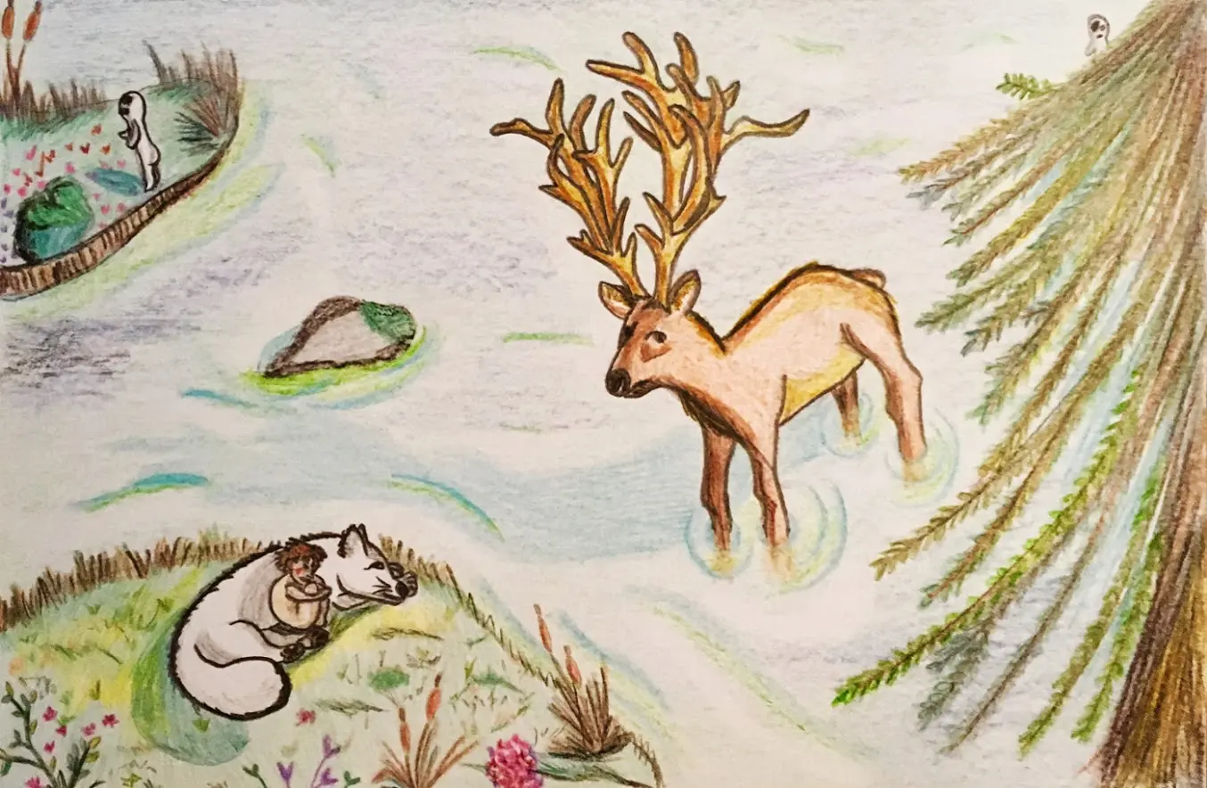 une fille dort avec un loup, un cerf et des lutins les observent