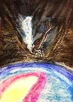 Dessin en couleurs d'un plongeur qui pourfend l'obscurité pour entrer dans des abysses colorées.