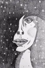 Dessin d'un visage en gros plan, noir et blanc, fondu dans les étoiles.