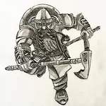 Dessin d'un nain de fantasy, barbu et en mouvements, avec armure et hache.