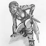 Dessin d'une chapardeuse de guilde de voleurs de fantasy, dans le mouvement.