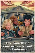Couverture de la nouvelle Une nouvelle vie ramassée sur le bord de l'autoroute représentant 3 personnages dans une voiture. Image générée par IA.
