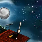 Illustration numérique d'un garçon qui regarde les étoiles à la longue vue depuis sa fenêtre de toit.