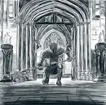 Dessin d'une statue prête au combat dans le château Poudlard de l'univers Harry Potter.