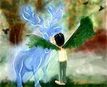 Illustration numérique d'un personnage qui caresse un cerf fait de lumière bleue.