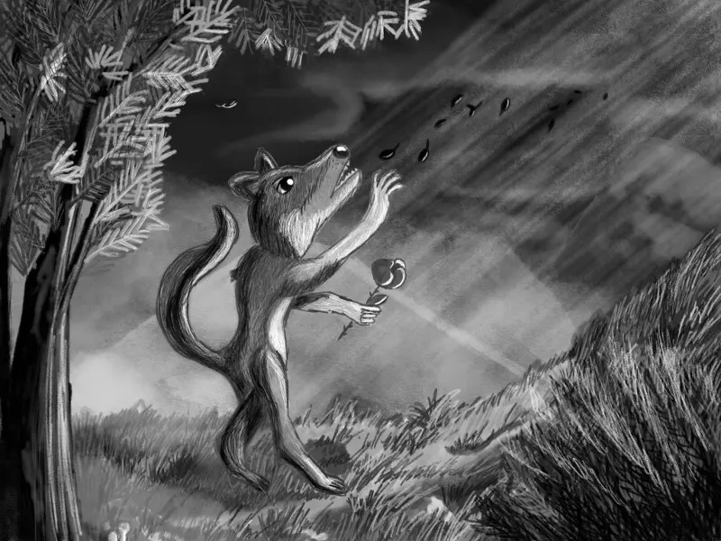 un loup se tient sur deux pattes et tend une rose vers la ciel en chantant, à l’orée d’un bois