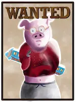 Illustration numérique d'une affiche comique de cochon recherché par les forces de l'ordre.