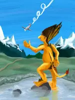 Illustration numérique humoristique d'un troll géant qui se gratte les fesses en regardant un avion passer.