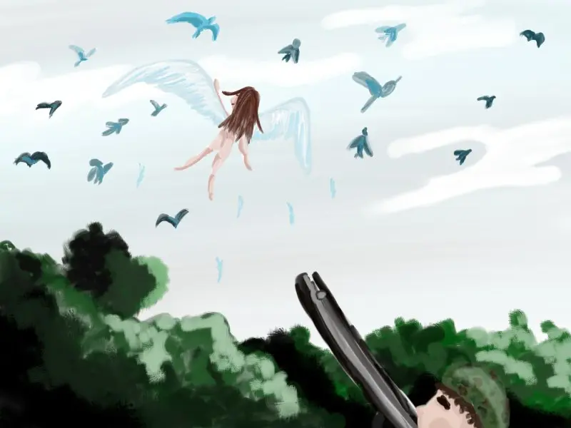 un ange vole avec les oiseaux, insconscient qu’un chasseur est sur le point de lui tirer dessus