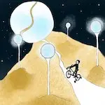 Illustration numérique d'un personnage à vélo sur une planète de sable étrange.
