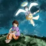 Illustration numérique d'un personnage triste et d'un fantôme qui jouent de la musique.