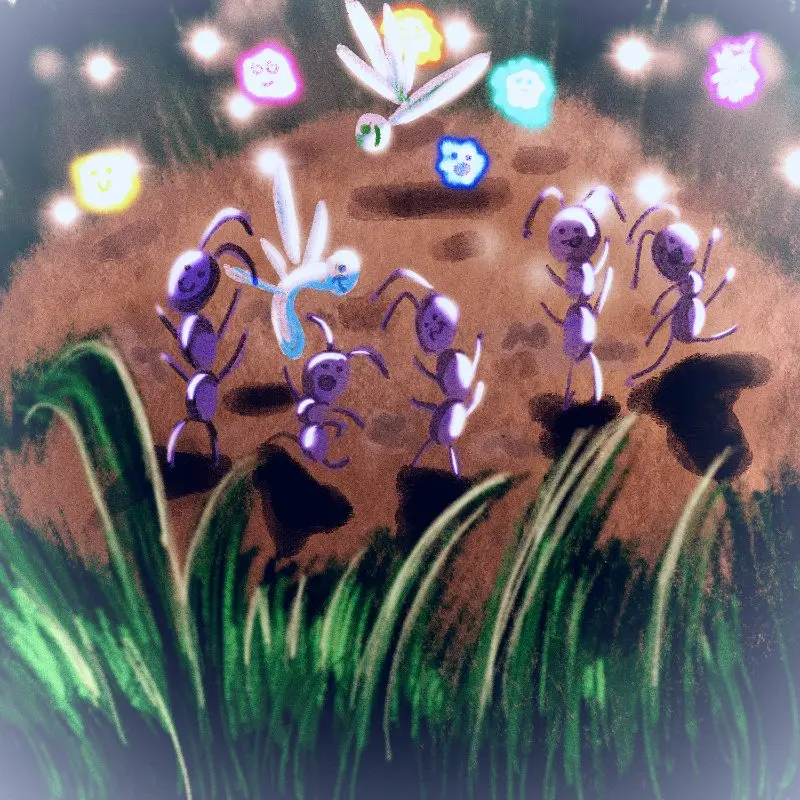 des fourmis et des libellules dansent comme des folles, éclairées par des moufs moufs lumineux qui se prennent pour des spots de boîte de nuit