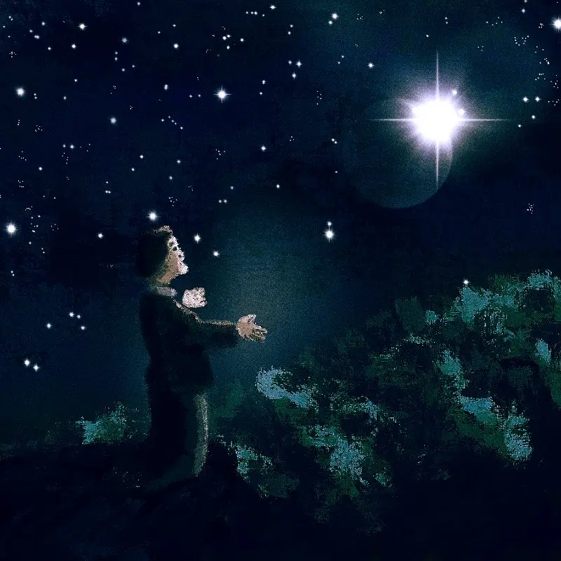 un homme prie Marie en regardant le ciel