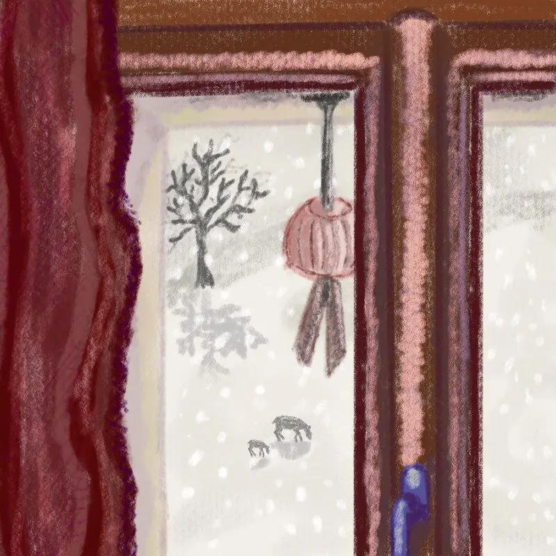 par la fenêtre un matin d’hiver, on voit des biches dans le champ, près d’un arbre