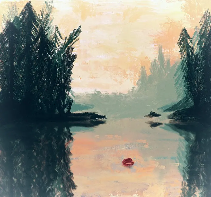 Au soleil couchant, un lac, des arbres, un chapeau de cowboy.