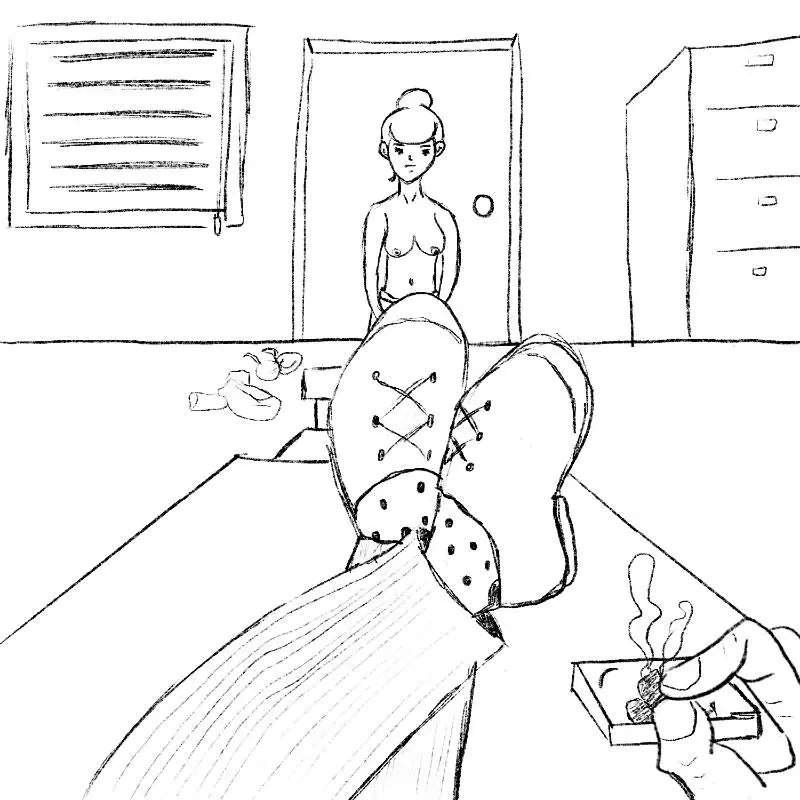 un patron, les pieds sur son bureau, regarde son employée femme se déshabiller, à contre coeur, devant lui.