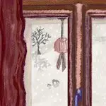 Illustration numérique d'une fenêtre à travers laquelle on voit un paysage d'hiver.