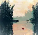 Illustration numérique du reflet des arbres sur un lac au soleil couchant.