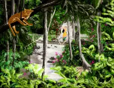 dans la jungle indonésienne, une femme danse en costume traditionnel tandis qu’un jaguar fait une sieste sur une branche.