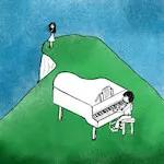 Illustration numérique d'un pianiste sur une falaise verdoyante, écoutée par une femme qui se tient tout au bord.