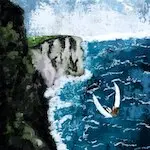 Illustration numérique d'une créature fantastique ailée qui plonge du haut d'une falaise.