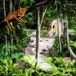 Illustration numérique d'un jaguar et d'une femme dans une forêt à Sumatra.
