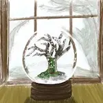 Illustration numérique d'une boule à neige avec un arbre dedans.