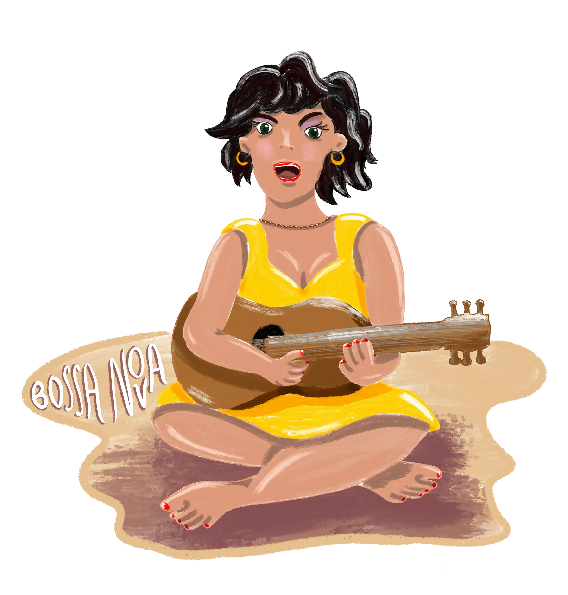 Une femme joue de la guitare sur la plage.