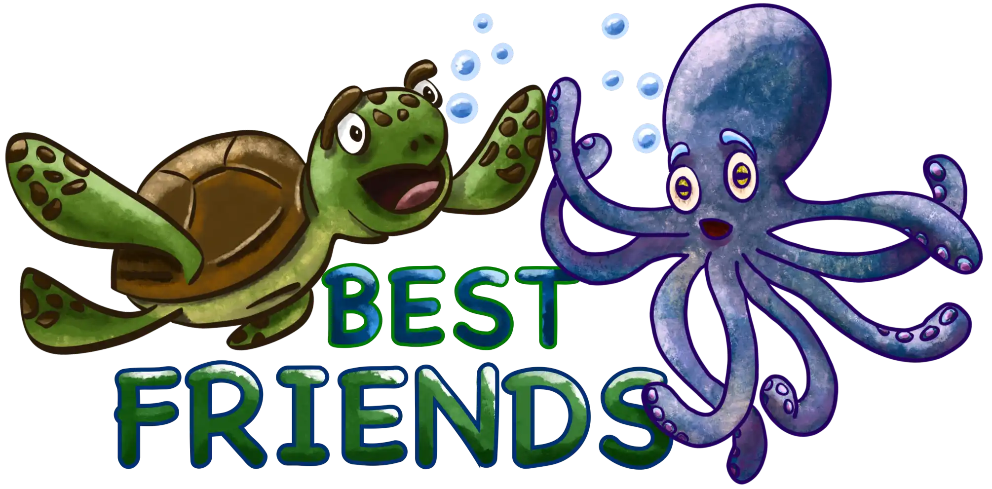 tortue de mer et poulpe rigolos meilleurs amis