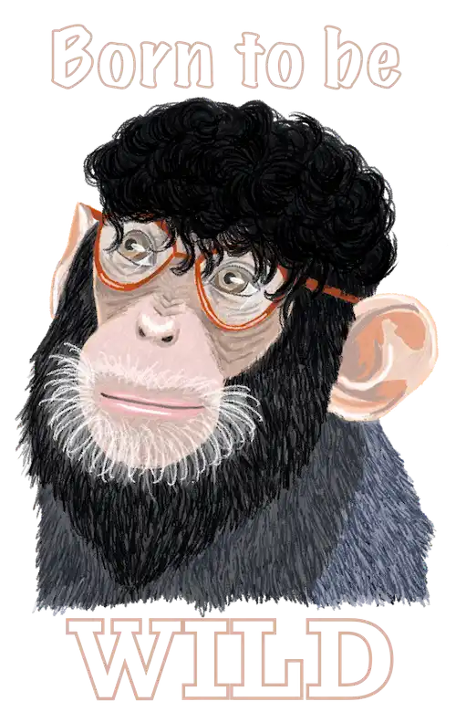 chimpanzé à lunettes et cheveux bouclés Born to be wild
