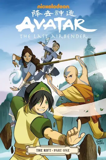 Couverture de la BD représentant Toph, Aang, Katara et Sokka avec une statue sur une île au fond.