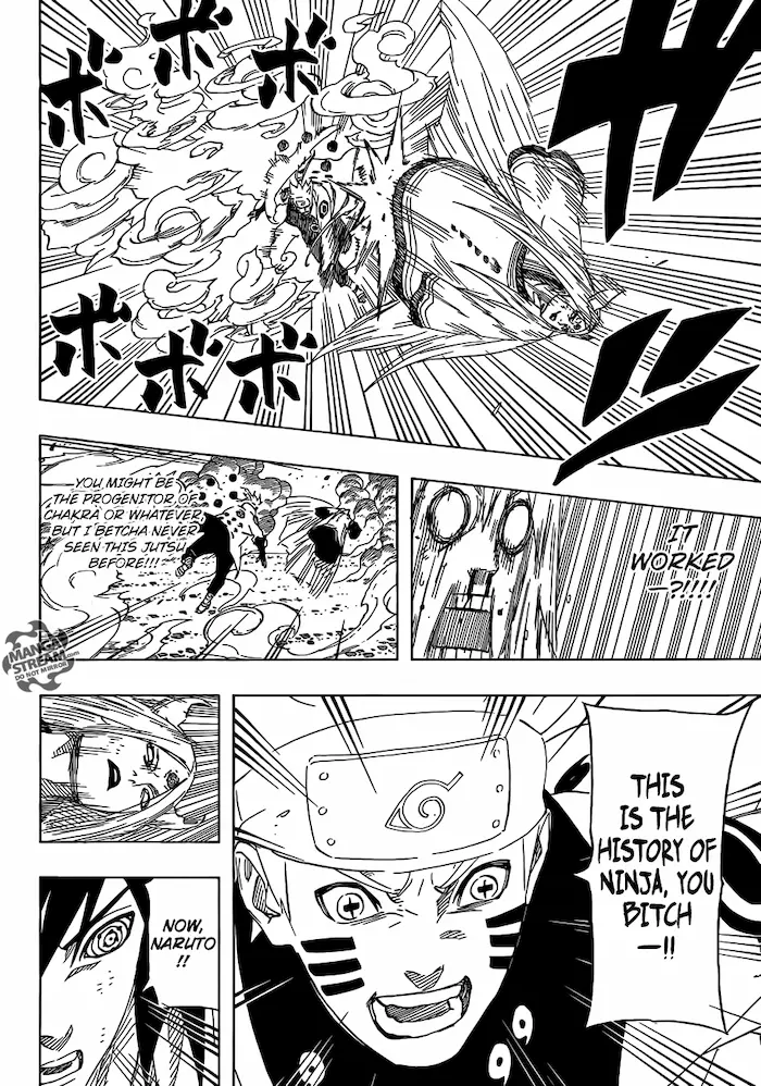 Page du manga, en anglais, durant le combat contre Kaguya.