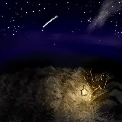 Dessin d'une personne sur une colline qui regarde les étoiles.