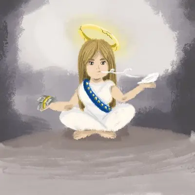 Allégorie de la Justice soupesant des liasses de billets et une plume. Elle est déséquilibrée et souffle la plume, tandis qu’une auréole se brise au-dessus de sa tête.