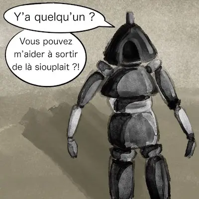 Un pauvre type coincé dans son armure trop étroite et qui demande un coup de main.