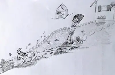 Un chien foufou dénommé Rocket court à toute vitesse dans le jardin, essayant d'attraper un papillon. Il arrache toutes les fleurs sur son passage.
