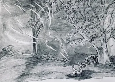 Dans la forêt, la foudre, arborant les traits d'un oiseau gigantesque, fond sur un garçon tombé au sol.
