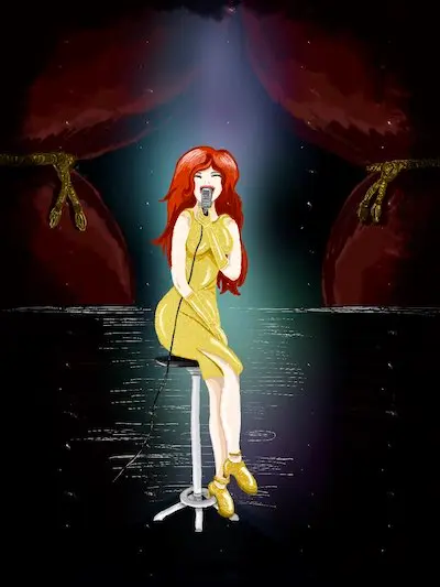 Chanteuse de cabaret en robe brillante assise sur un coin de tabouret.