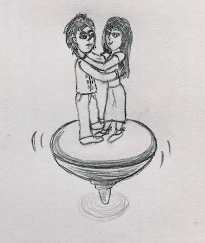 Esquisse d'une toupie tournoyante sur laquelle un couple d'amoureux danse.