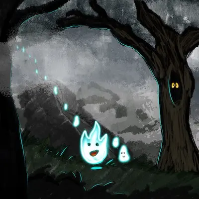 Dessin d'une forêt obscure dans le brouillard où des feux follets indiquent un chemin à suivre.
