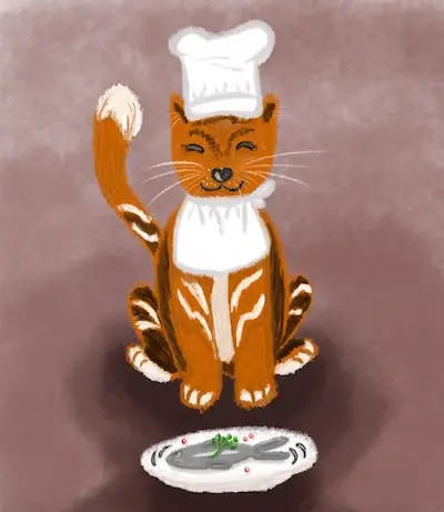 Un chat avec une toque de chef et un bavoire s'apprête à déguster une sardine de haute gastronomie.