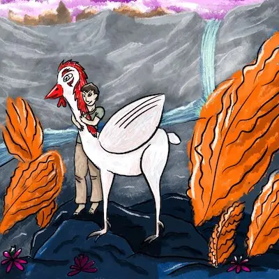 Une personne affectionne un animal dans un paysage étrange.