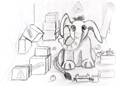 Dessin d'un éléphant dans une petite pièce qui menace de faire tomber des cartons de déménagement s'il bouge.