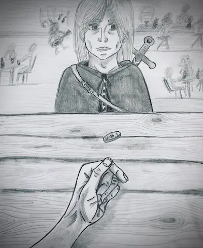 Dessin d'un homme qui jette une pièce à un autre homme dans une taverne.