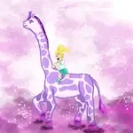 Illustration numérique d'une girafe imaginaire violette avec une fillette sur son dos.