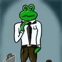 Illustration numérique d'une grenouille sur deux pattes vêtue en costume cravate.