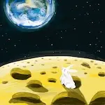 Illustration numérique d'un lapin sur une Lune en gruyère.
